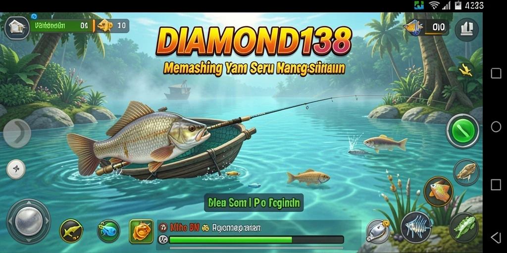 Tampilan gameplay <strong>DIAMOND138</strong> saat memancing ikan di danau yang indah.