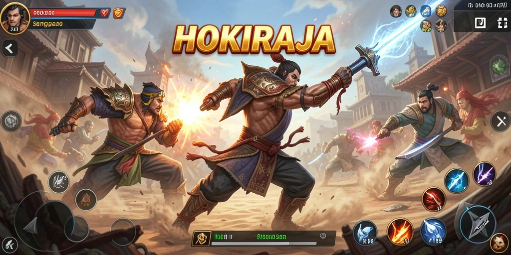Tampilan gameplay pertarungan HOKIRAJA yang mendebarkan dan dinamis.