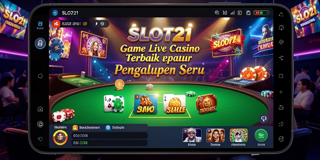 Screenshot utama SLOT21 menampilkan dealer profesional dan permainan Live Casino yang mendebarkan.